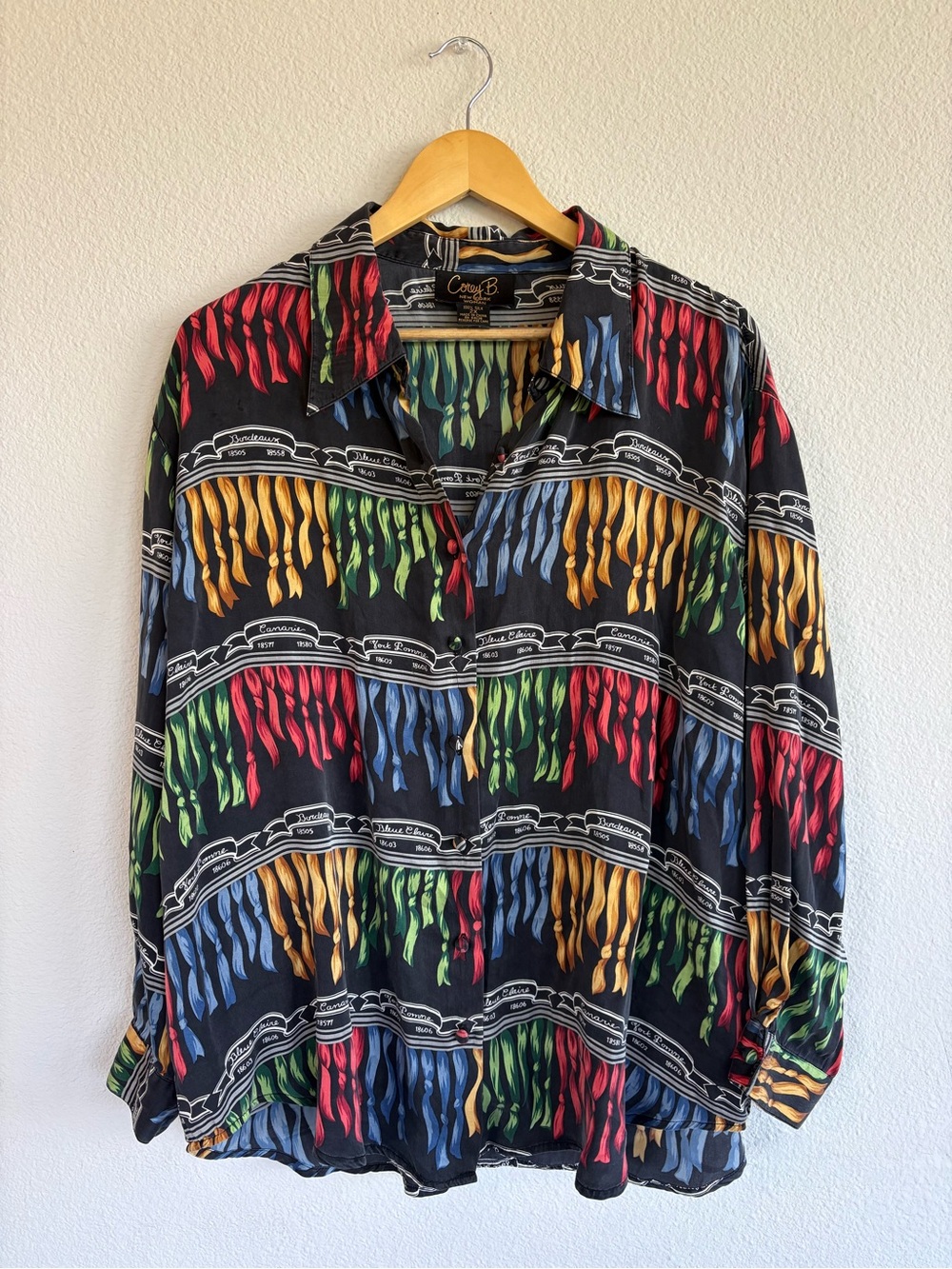 Vintage CoreyB New York 100% Silk Novelty Ribbon Print Blouse colorful 80s Boho